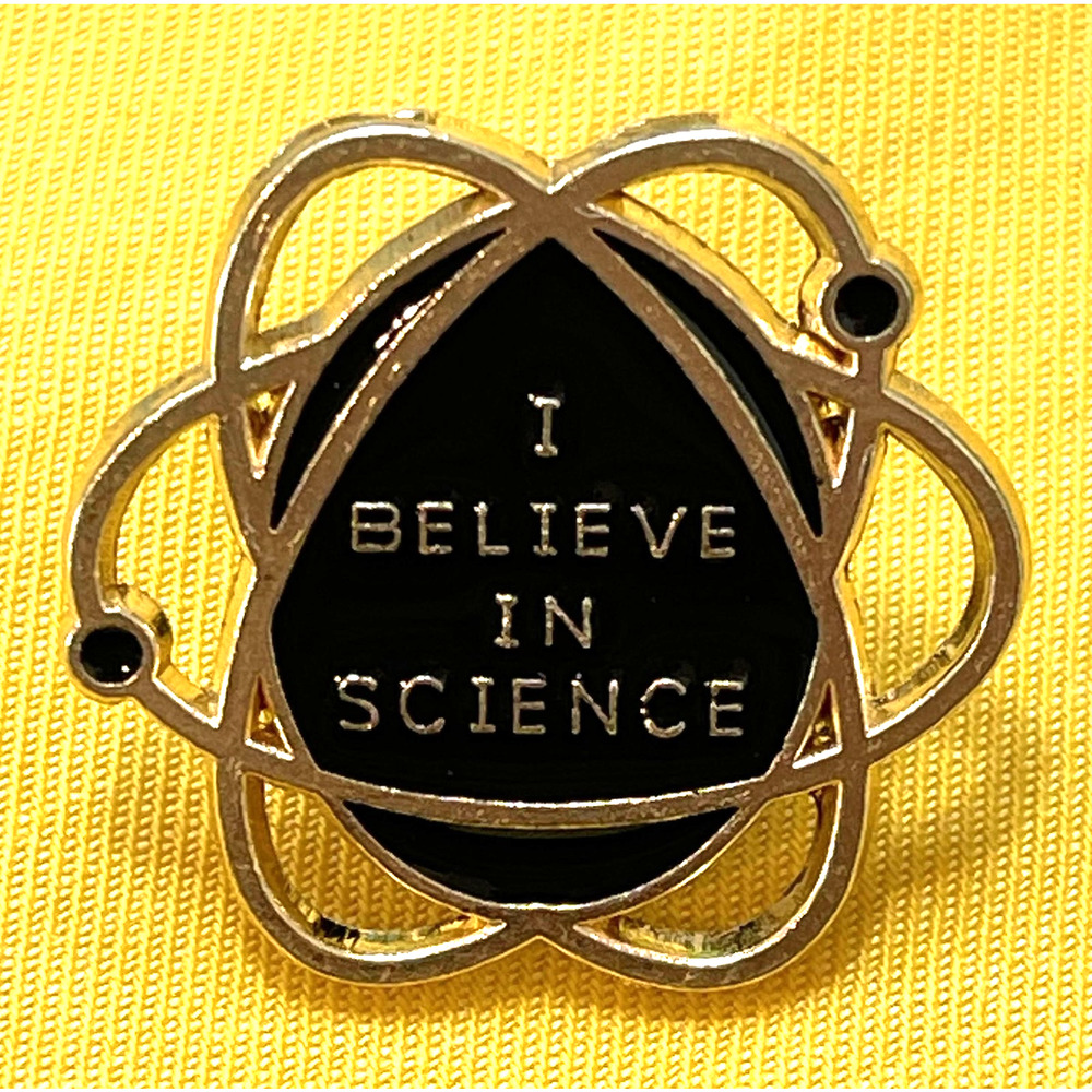 NWOT I Believe In Science Atom Brooch Lapel Pin Enamel Black Gold Toned STEM